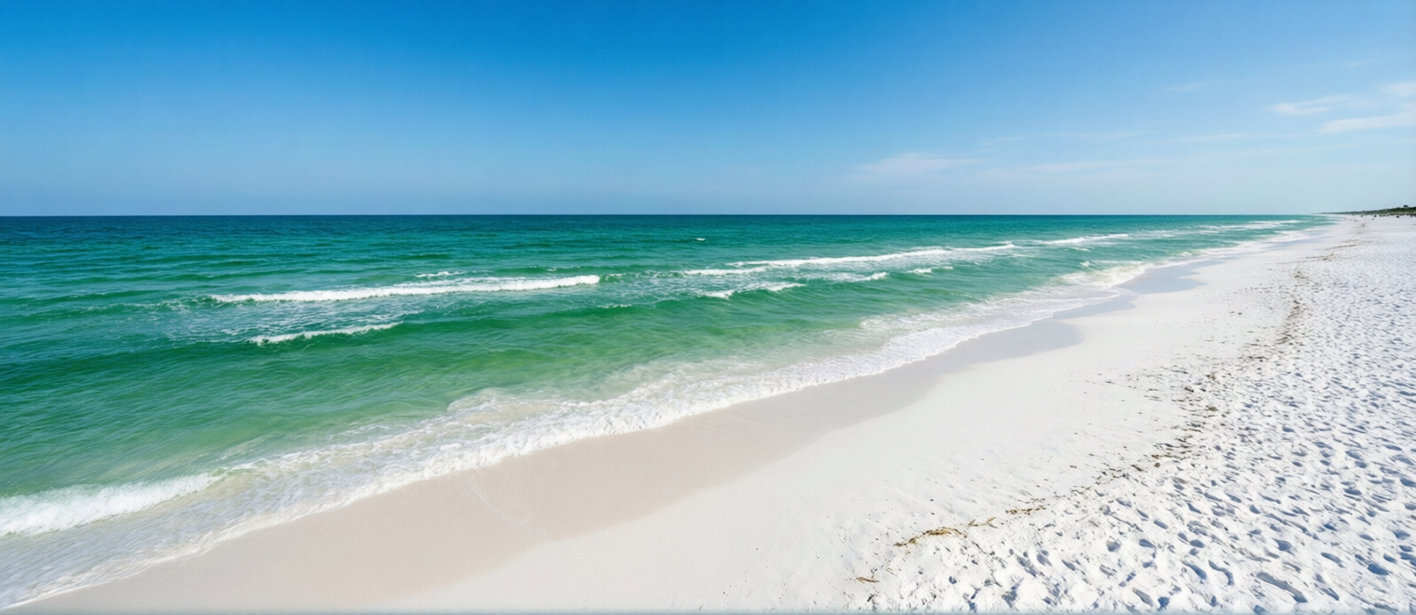 Brilliant white quartz sand and emerald green water at Destin Florida beach with gentle Gulf waves and clear blue sky