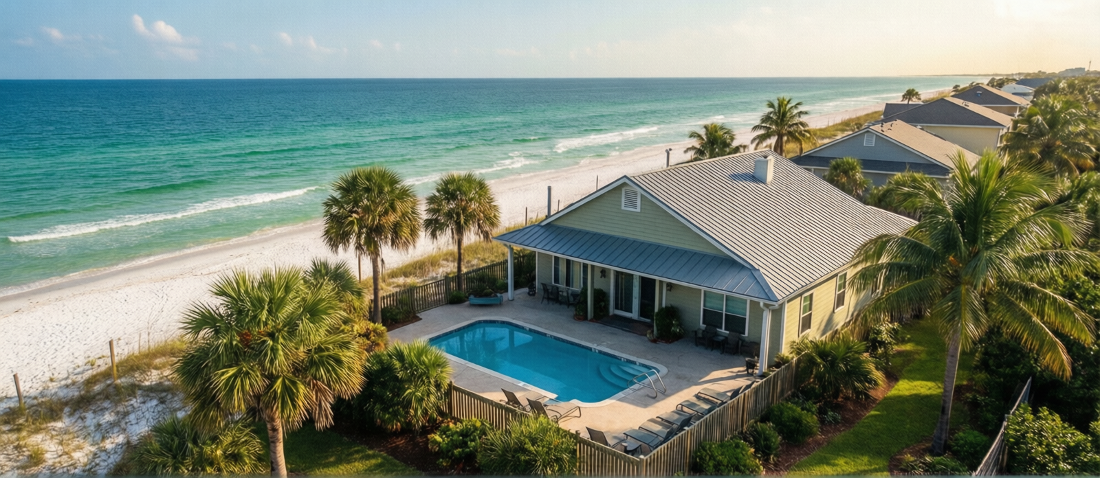 Vacation rental home with a private pool and tropical landscaping in Miramar Beach Florida on a sunny afternoon