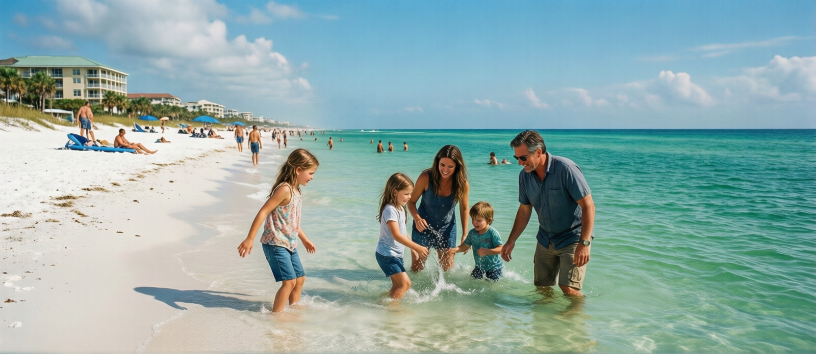 Young family with children playing in shallow emerald water at Destin Florida beach on a bright summer day