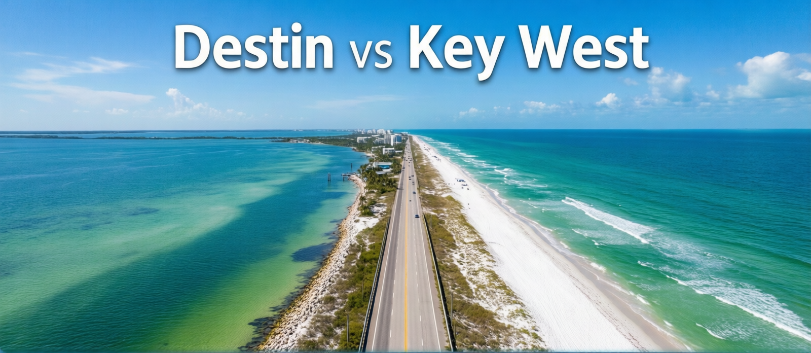 Scenic view of the Florida Keys overseas highway with turquoise Atlantic water visible on both sides under a bright blue sky