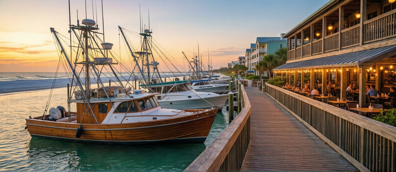 Destin Harbor boardwalk at golden hour with wooden fishing charter boats docked and outdoor waterfront restaurants lit up