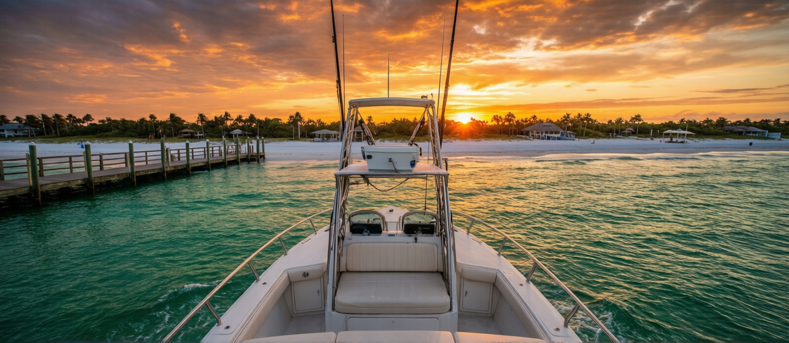 Charter fishing boat heading out from Destin Harbor at sunrise with emerald Gulf waters and a dramatic orange sky