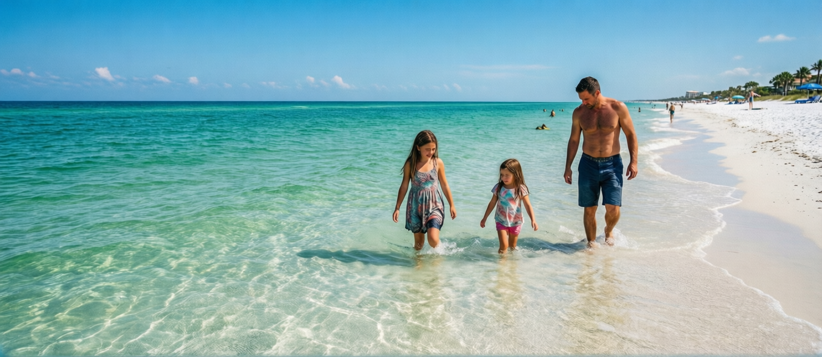 Family wading in Destin's shallow, crystal-clear emerald Gulf water with white quartz sand visible beneath the surface