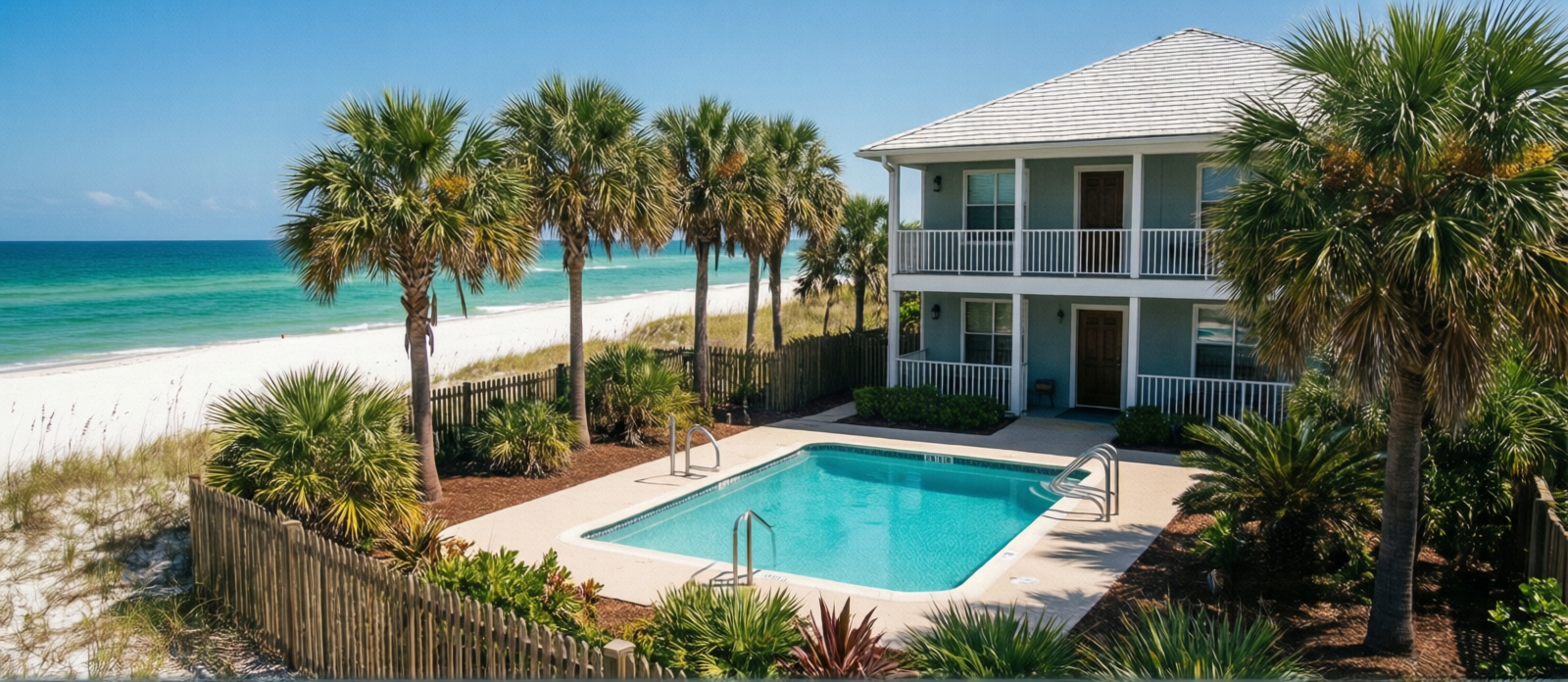 Destin vacation rental house with a private swimming pool surrounded by palm trees and tropical landscaping