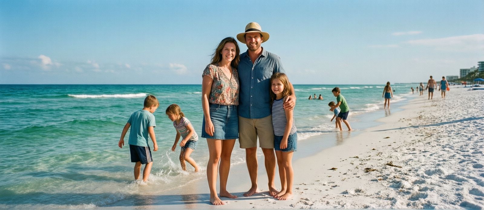 Happy family on Destin's white sand beach in the afternoon sun, children playing at the water's edge in clear emerald Gulf water