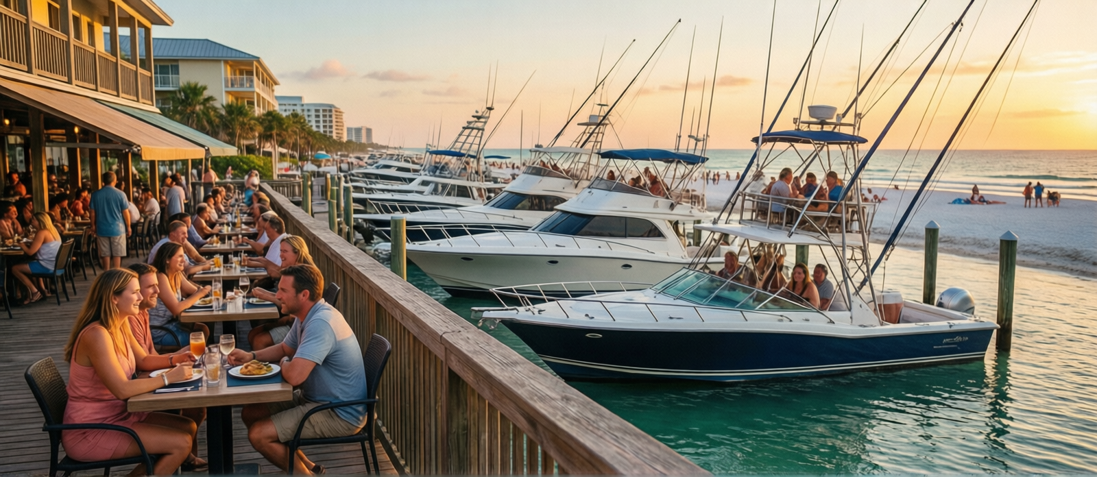 Relaxed sunset scene at Destin Harbor with families and couples at waterfront restaurants and charter fishing boats docked behind
