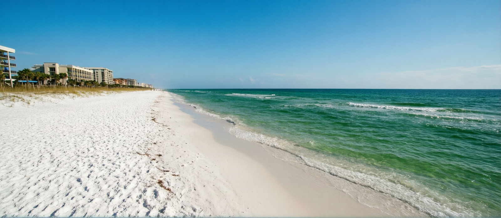 Wide uncrowded sugar-white sand beach at Navarre Beach Florida with emerald green Gulf water and clear blue sky