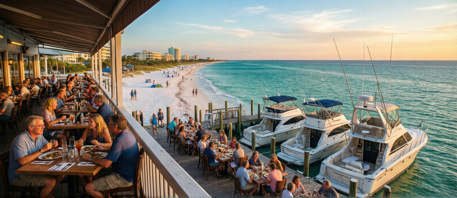 Outdoor waterfront seafood restaurant at Destin Harbor Florida with charter boats docked and guests dining at sunset