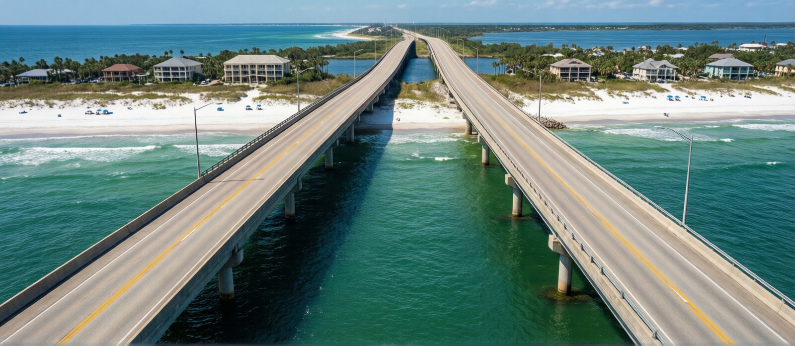 Two-lane highway bridge crossing the Santa Rosa Sound toward Navarre Beach Florida with turquoise water visible below