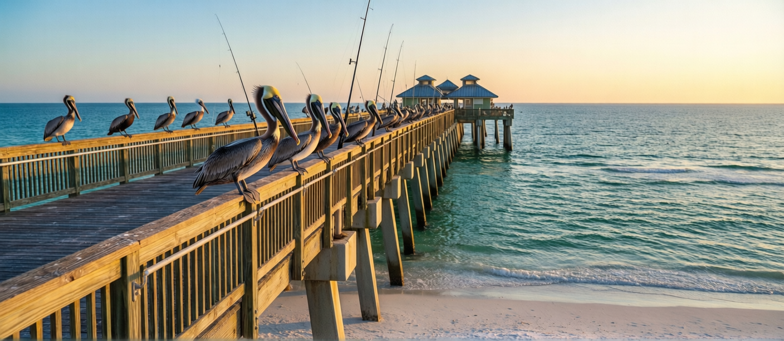 Navarre Beach fishing pier stretching into the Gulf of Mexico at sunrise with pelicans perched on the railing