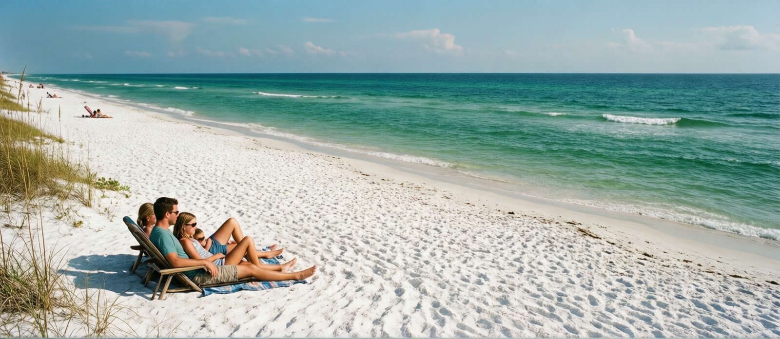 Peaceful sugar-white sand beach at Navarre Beach Florida with a family relaxing and the emerald Gulf stretching to the horizon