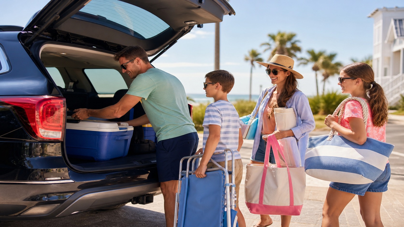 Happy family loading vacation bags and beach gear into an SUV for a summer road trip to Destin Florida, sunshine and palm trees visible in the background
