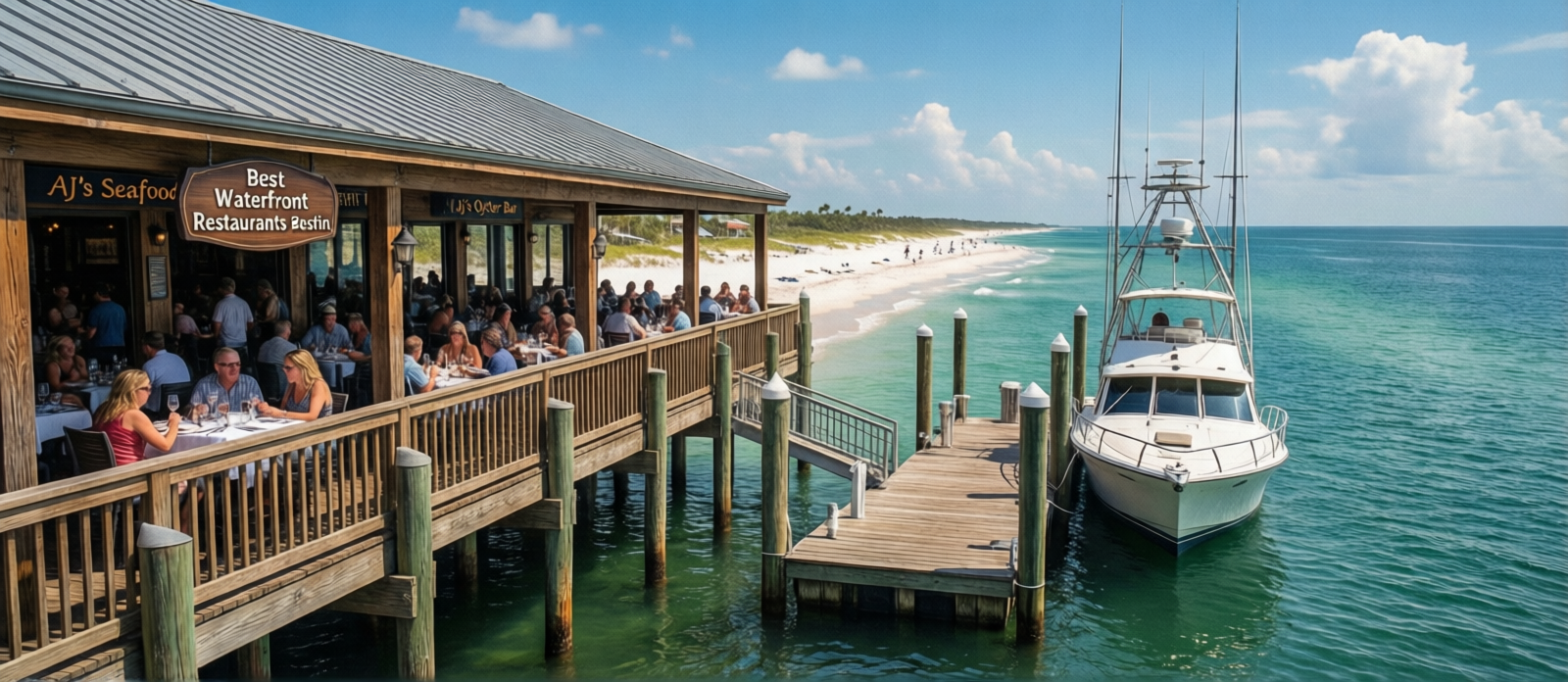 Outdoor waterfront dining at Destin Harbor with boats docked in the background and a lively evening atmosphere