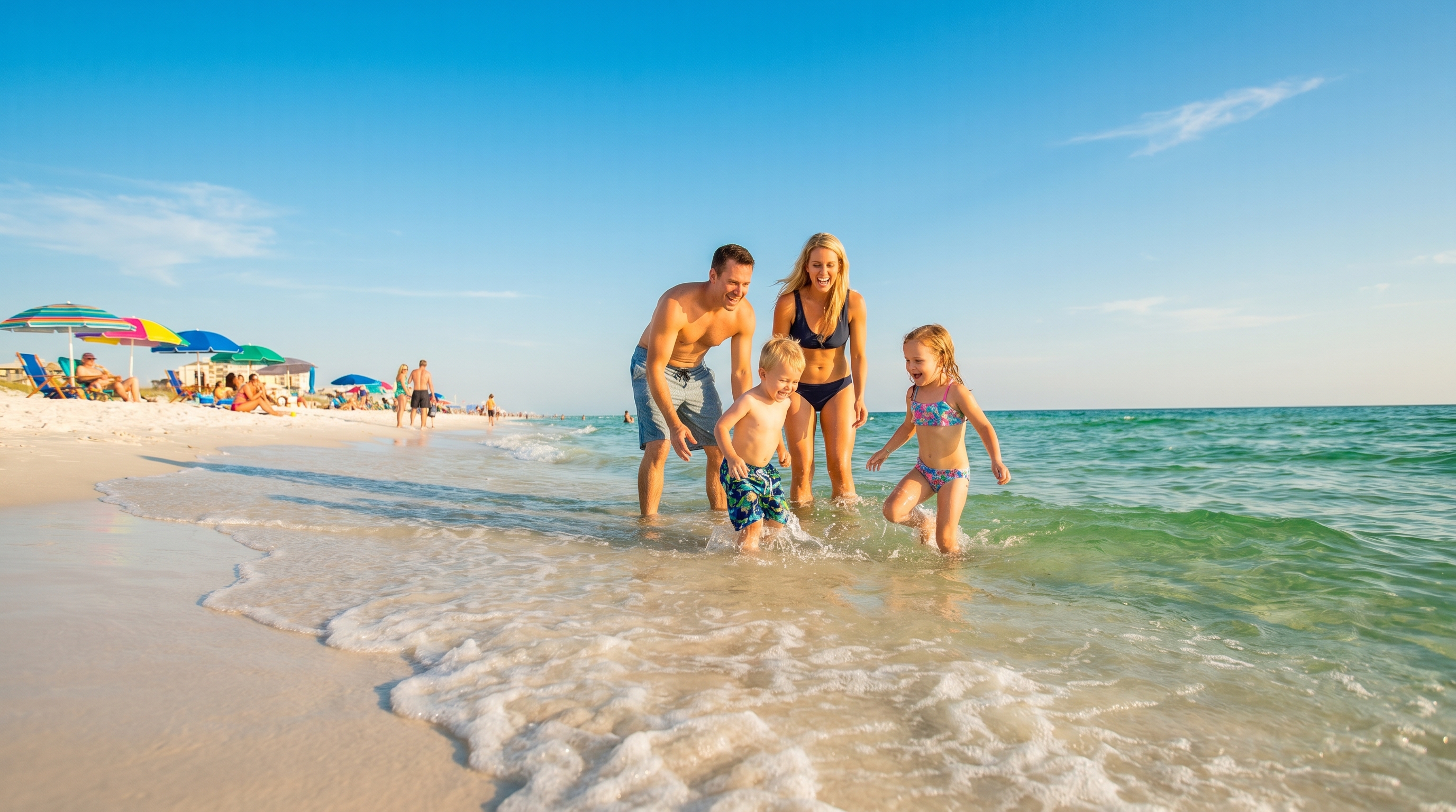 Couple reviewing vacation options near a sunny Florida beach, planning their Destin or Sandestin trip