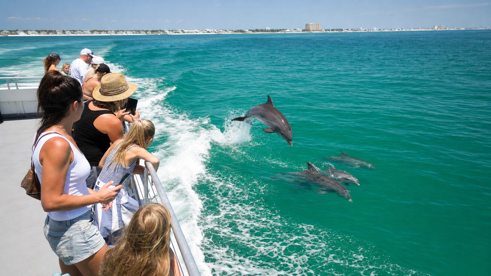 Group of excited tourists on a dolphin watching cruise boat on the emerald Gulf of Mexico near Destin Florida, dolphins visible leaping through the wake
