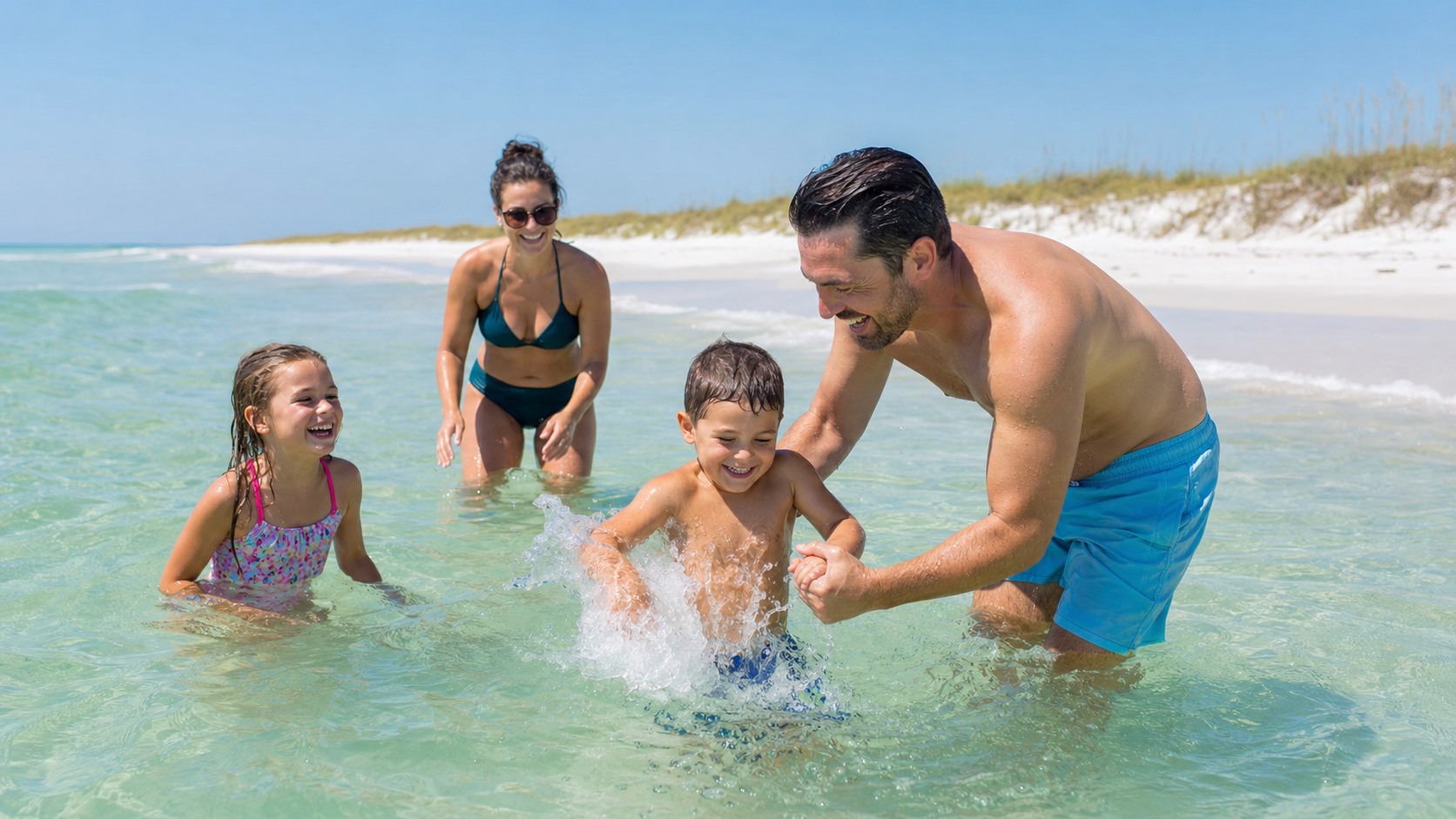 Happy family with young kids playing in shallow emerald green Gulf of Mexico water on a white sand Florida Panhandle beach, bright sunny summer day