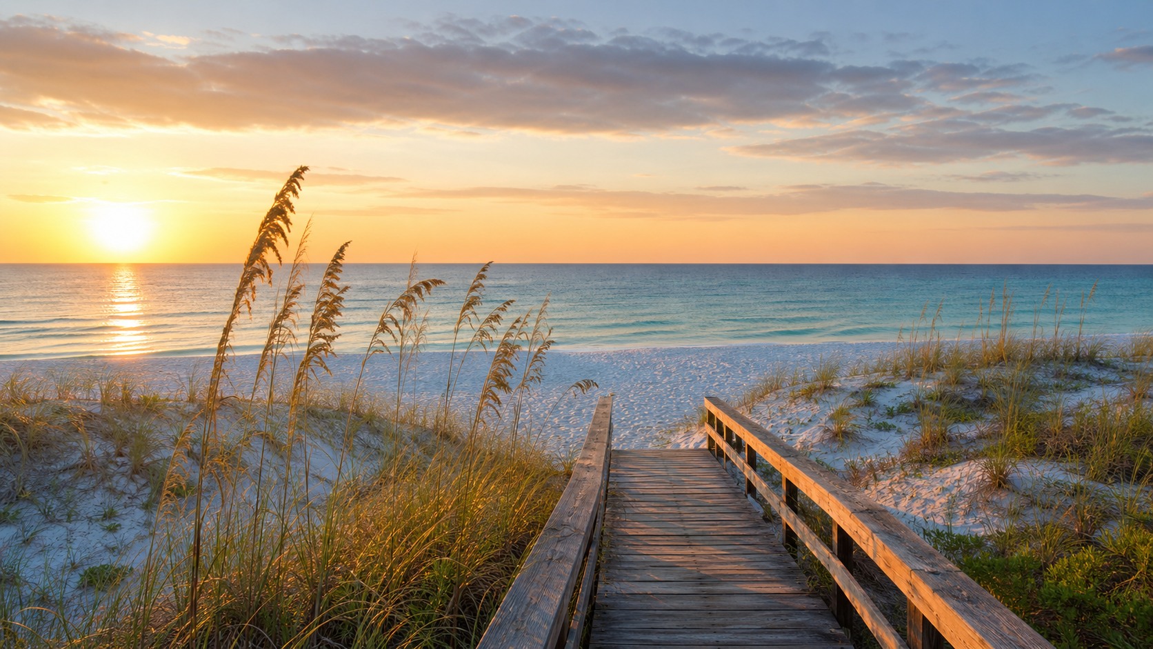Early morning walk on the pristine white sand dune boardwalk at Henderson Beach State Park in Destin Florida with turquoise Gulf water visible through sea oat dunes and golden sunrise light