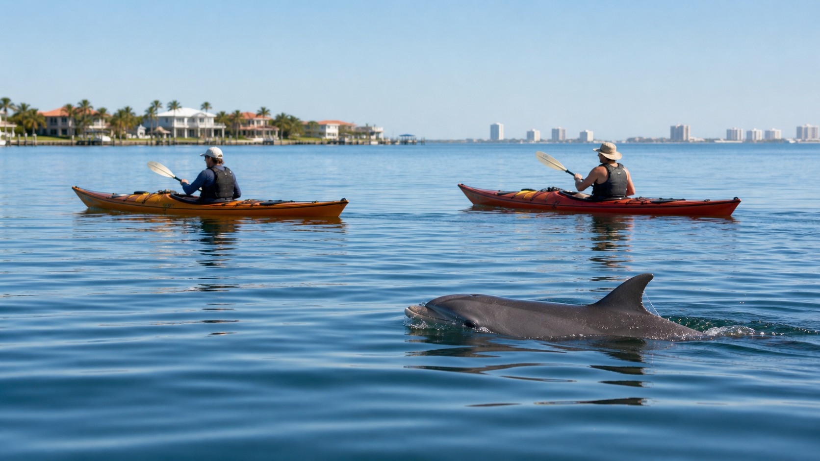 Two kayakers paddling in calm bay water as a bottlenose dolphin surfaces and swims alongside them near Destin Florida