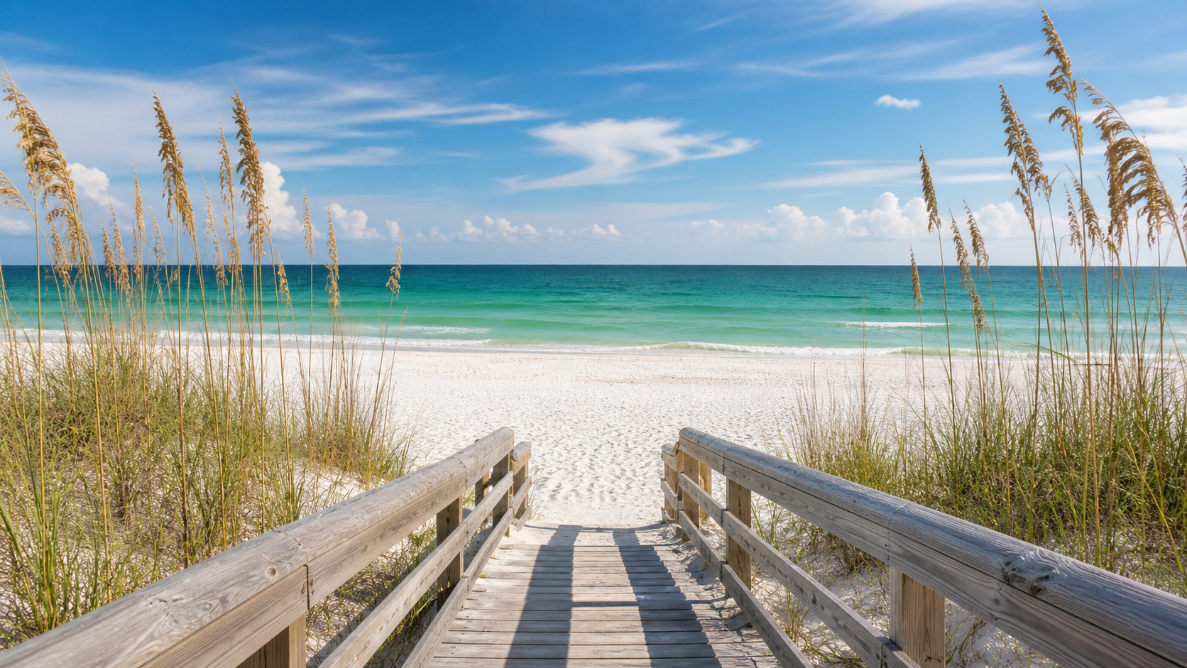 First glimpse of Destin's emerald green Gulf water through a wooden beach boardwalk framed by sea oats and sugar-white sand on a bright Florida afternoon