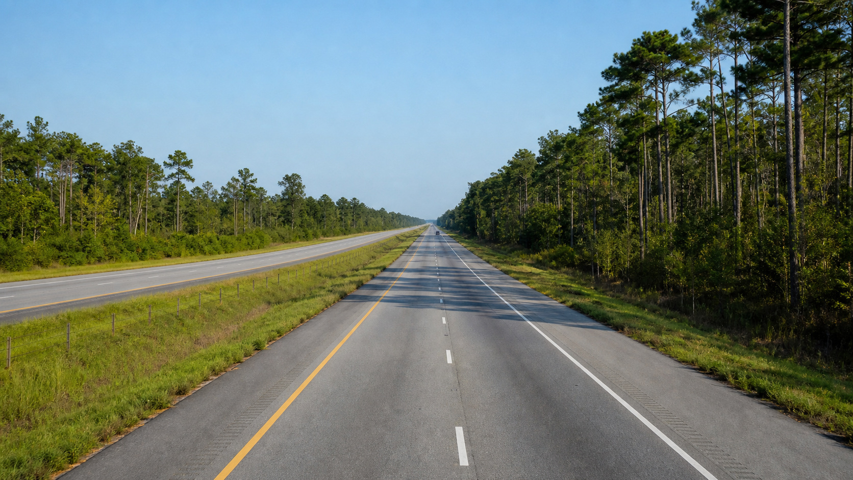I-10 East interstate highway stretching east through Louisiana lowland marshes at sunrise, cypress trees and morning mist, road leading toward Florida