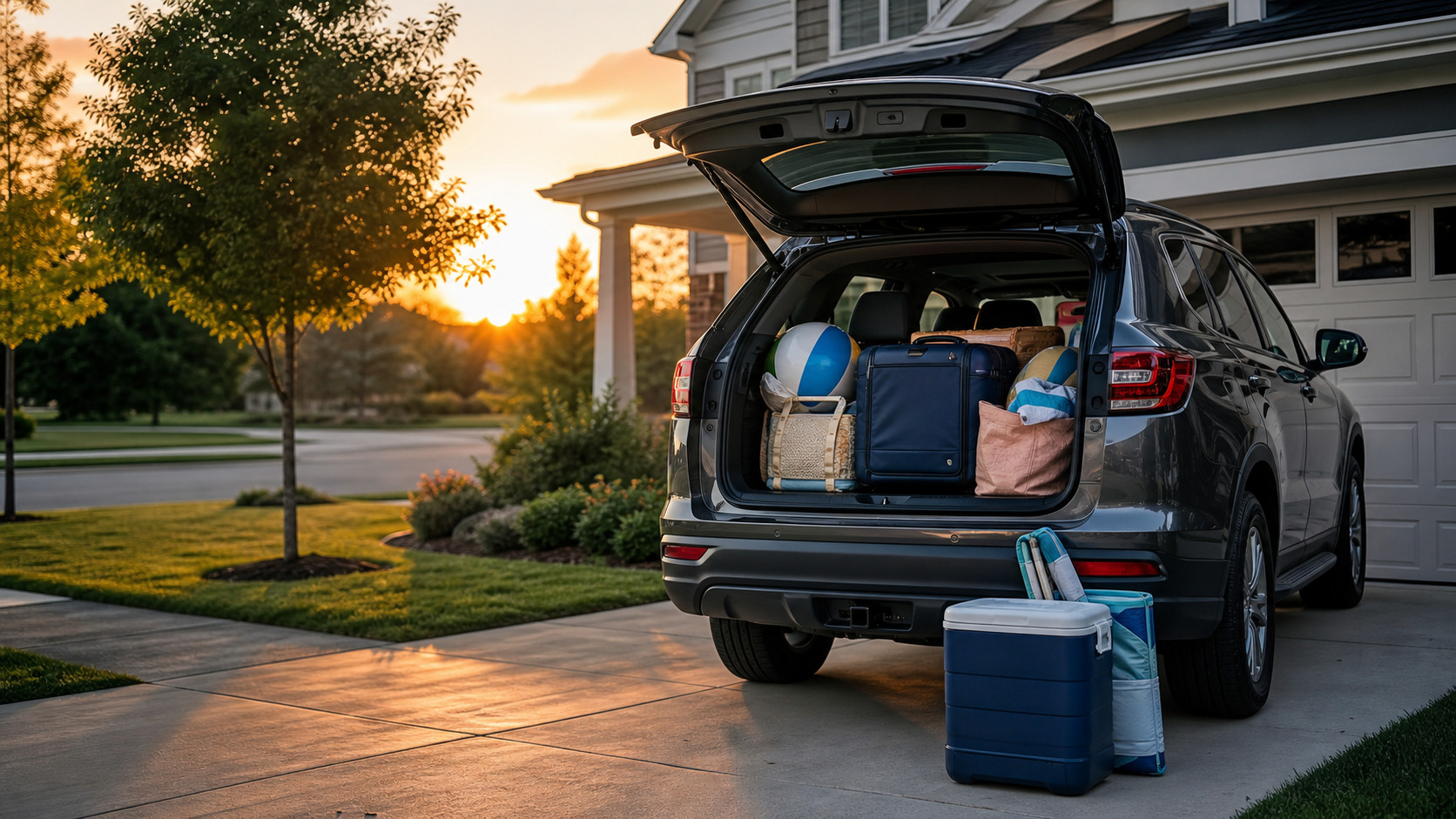 Family SUV packed with luggage and beach gear in a Charlotte North Carolina driveway at 6am golden hour sunrise ready for a Florida road trip