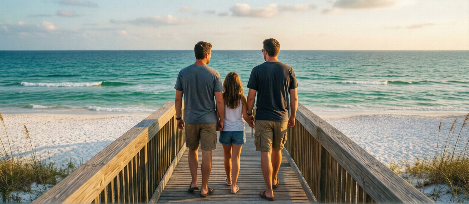 Family walking on a beach boardwalk seeing the emerald Gulf of Mexico for the first time at Destin Florida, white sand and turquoise water ahead in the golden afternoon light