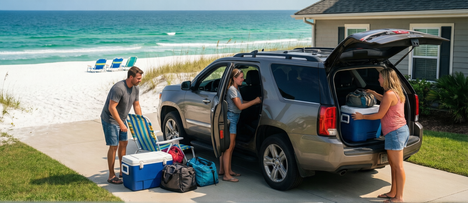 Family in driveway of Cincinnati Ohio home loading an SUV with beach chairs, a large cooler, and bags for a Destin Florida road trip on a summer morning