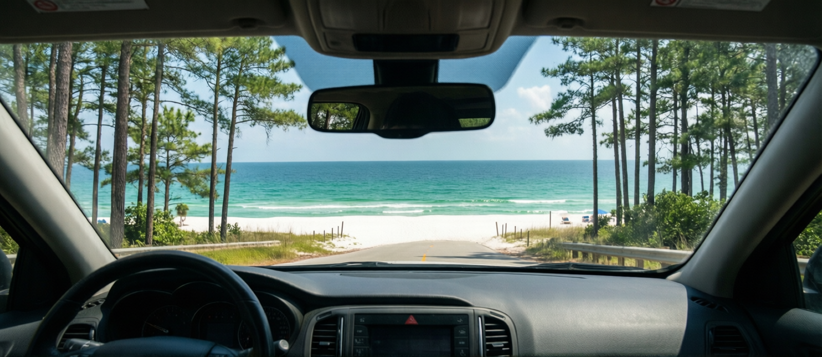View from inside a car on I-65 South through Alabama pine forests heading toward the Florida Panhandle on a clear sunny summer day