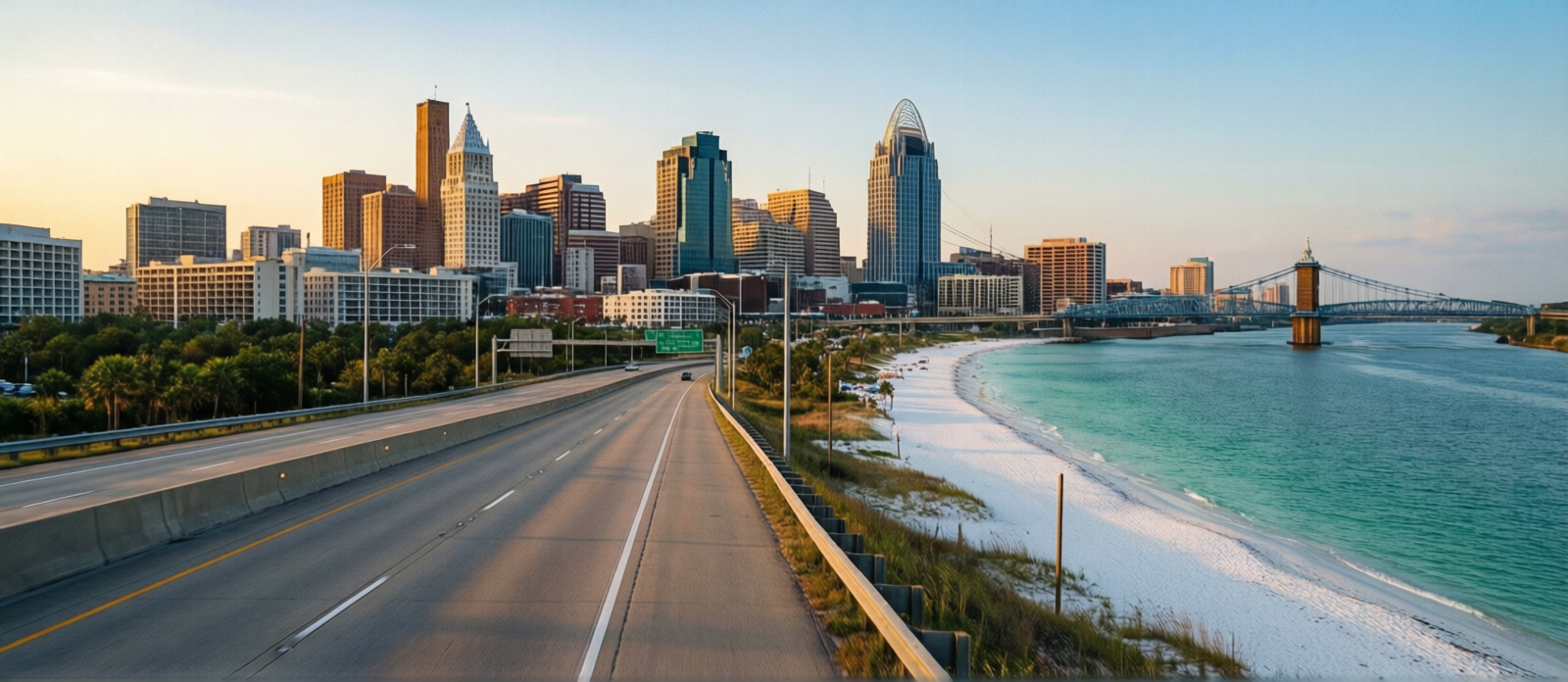 Pre-dawn Cincinnati Ohio skyline over the Ohio River at 5am, empty highway in foreground, early morning summer departure for a Destin Florida road trip