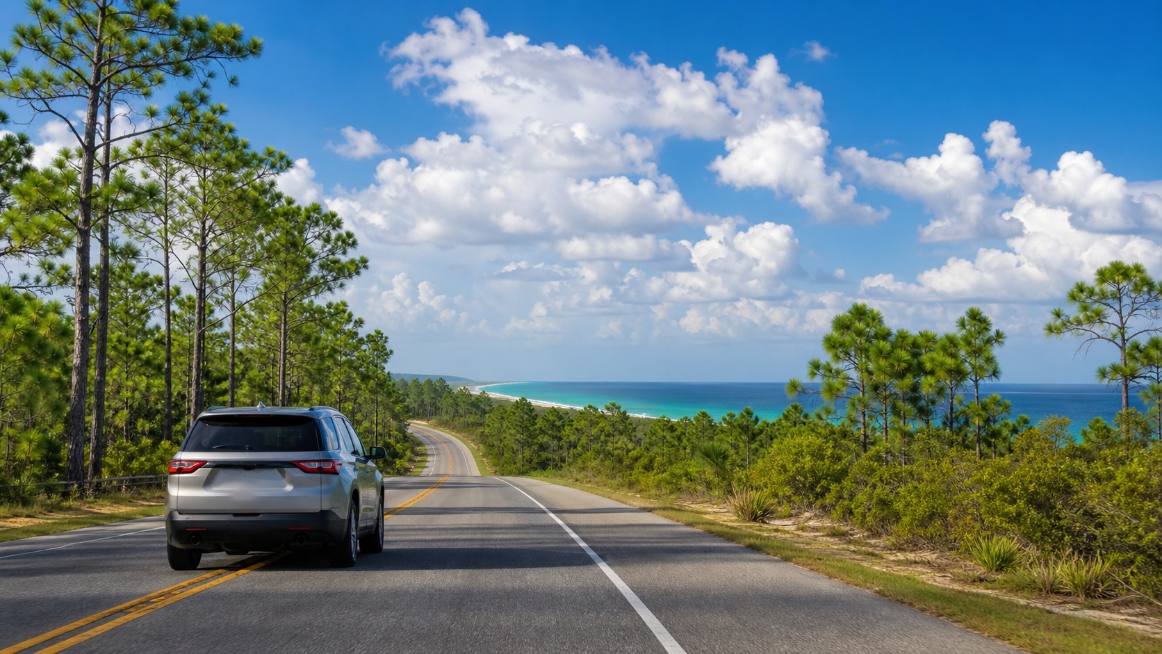 Family loading an SUV in a Houston driveway for a beach road trip to Destin Florida, suitcases, cooler, and beach chairs being packed