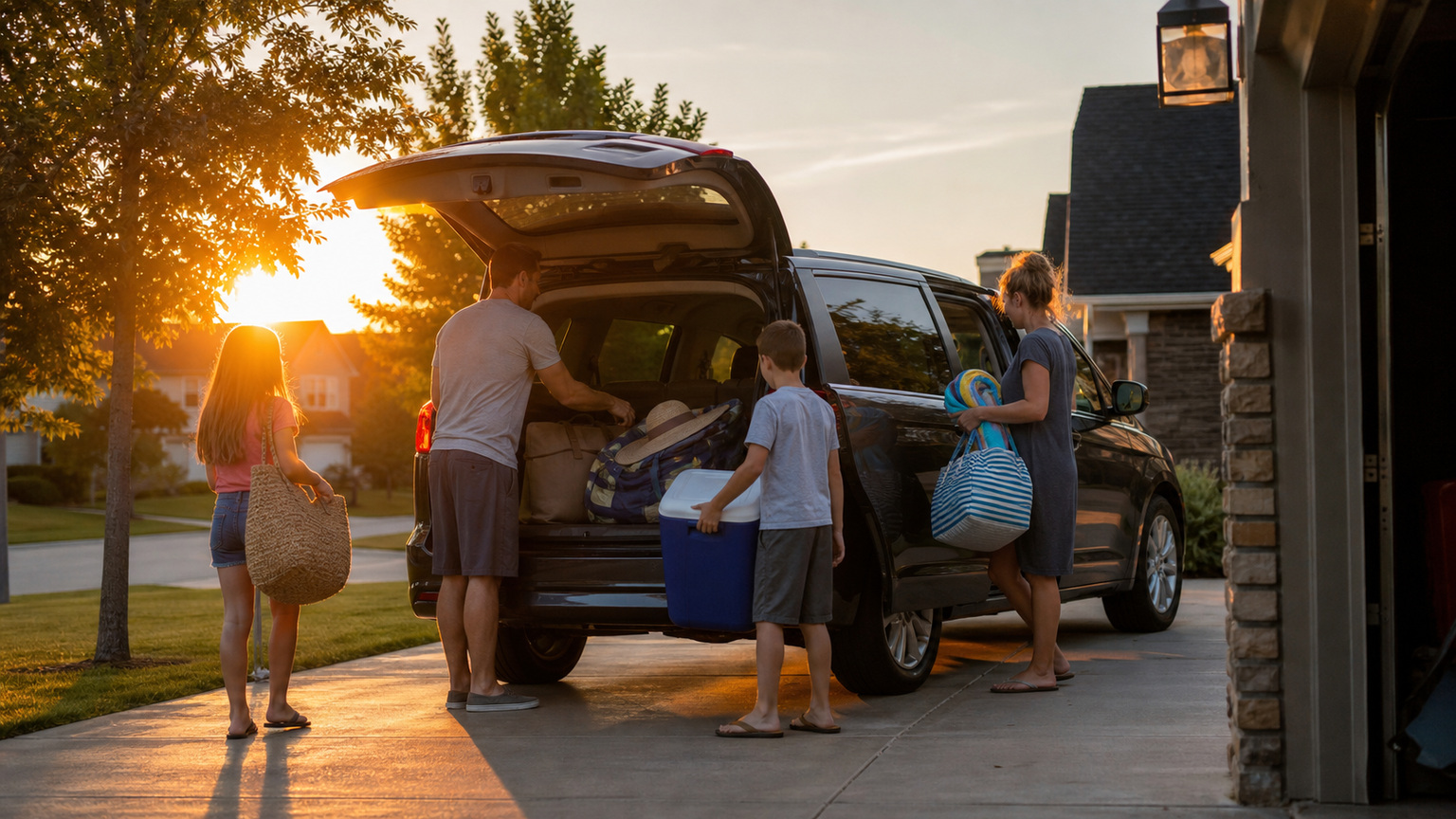 Family loading beach bags and a cooler into a minivan at sunrise in a suburban driveway, setting out early for a summer road trip south to the Gulf Coast