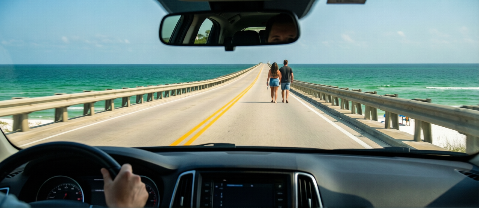 Couple crossing a high bridge over the Choctawhatchee Bay near Fort Walton Beach Florida with emerald green Gulf water visible in the distance, arriving in Destin after a long road trip