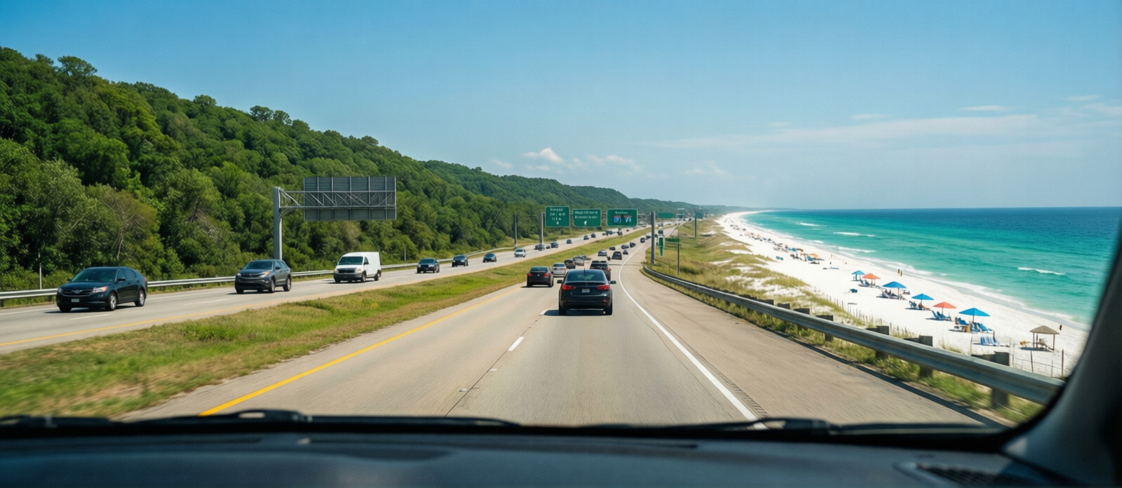 I-75 southbound interstate highway through the green hills of East Tennessee near Knoxville, summer morning with clear blue sky and light traffic