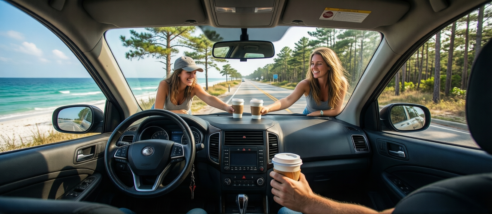 Family stretching and grabbing coffees at a clean Alabama highway rest stop, sunshine and pine trees, mid-road-trip break on the drive to Destin Florida