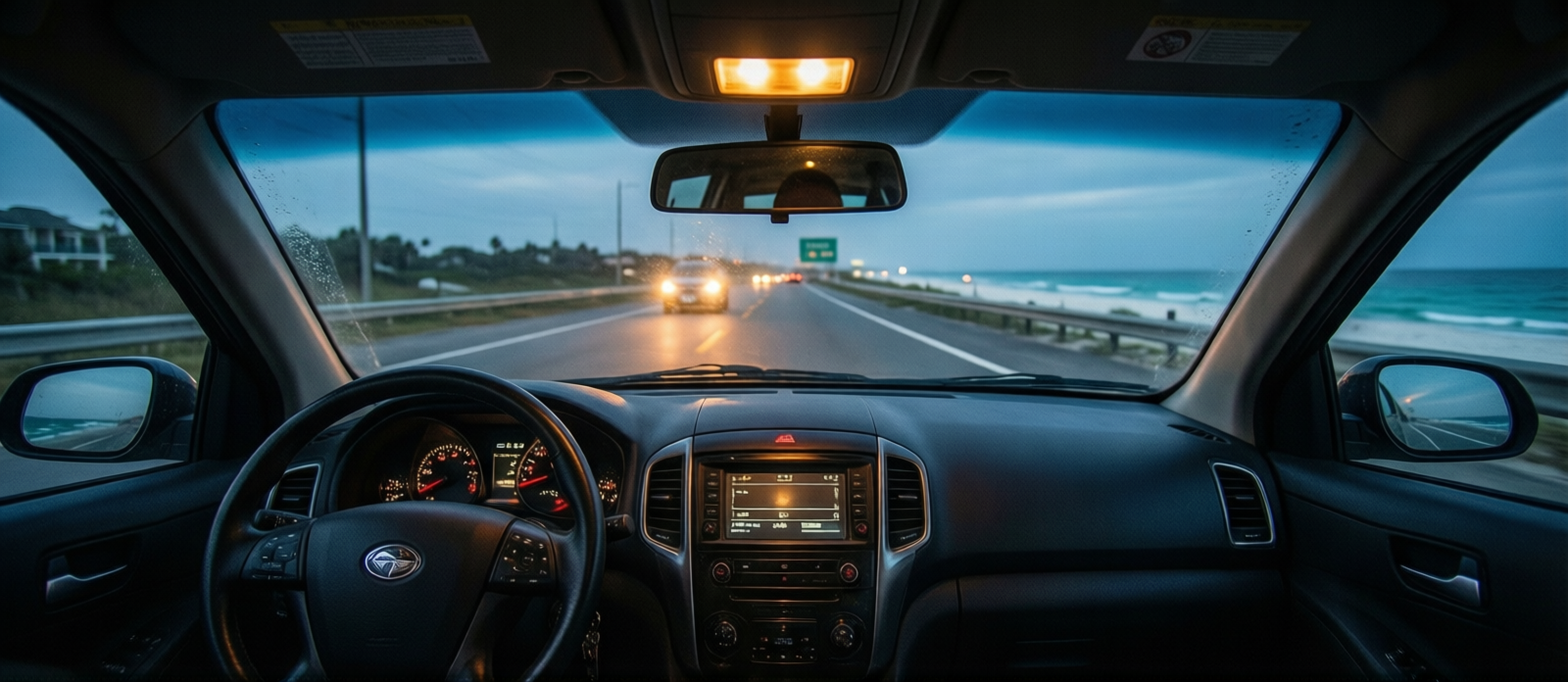 Early morning pre-dawn view from inside a car on an empty I-75 in East Tennessee, headlights on, leaving Knoxville in the dark for a beach road trip