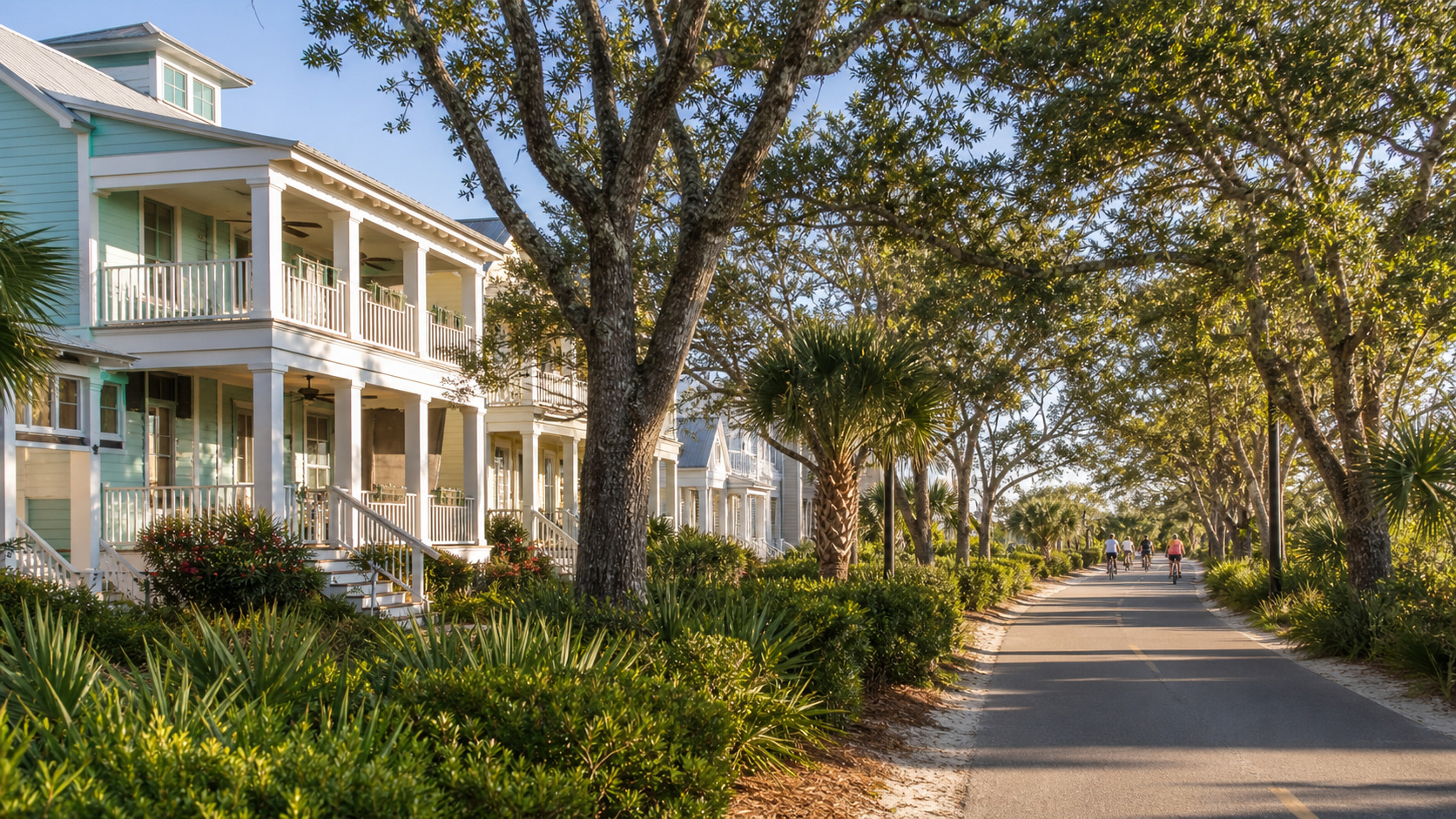 Charming pastel beach cottages along Scenic Highway 30A in South Walton Florida, surrounded by live oak trees, late afternoon golden light, bicyclists on a bike path