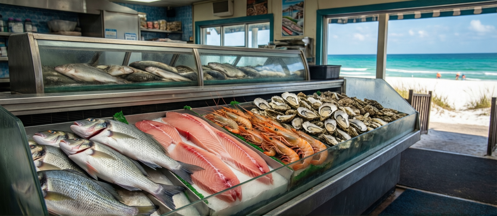 Inside a classic Destin Florida seafood market with glass display cases of fresh Gulf snapper, grouper fillets, shrimp, and oysters