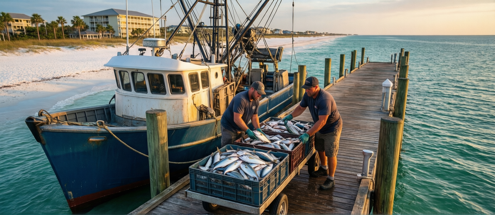 Commercial fishing boats unloading fresh catch at Destin Harbor at dawn, crates of Gulf fish being loaded onto dock carts