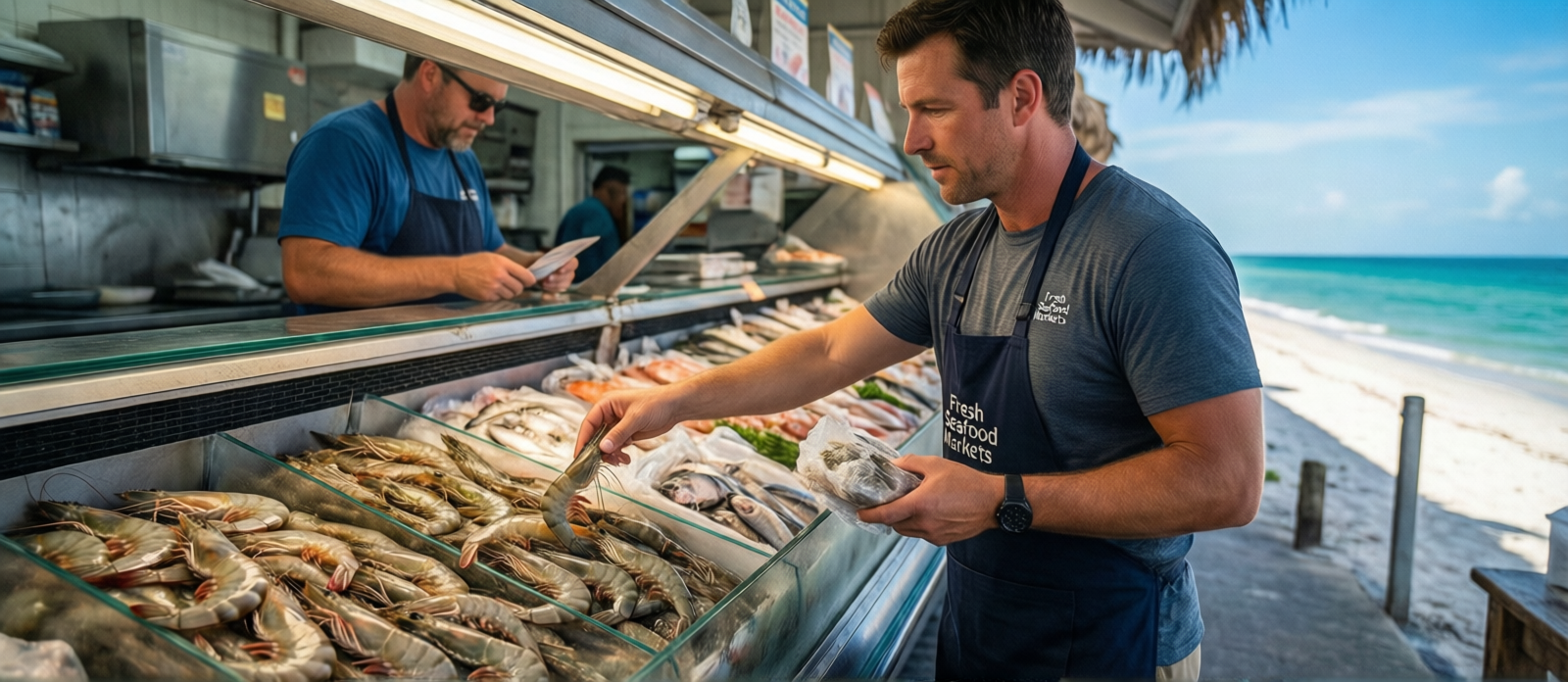 Customer selecting fresh Gulf shrimp at a Destin Florida fish market counter with packed seafood display cases