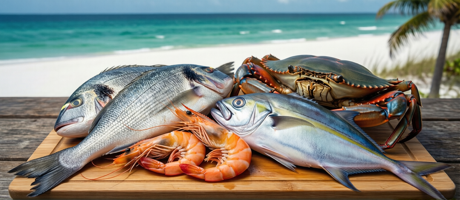 Fresh Gulf Coast seafood arranged on a wooden cutting board — snapper, Gulf shrimp, cobia, triggerfish, and blue crab