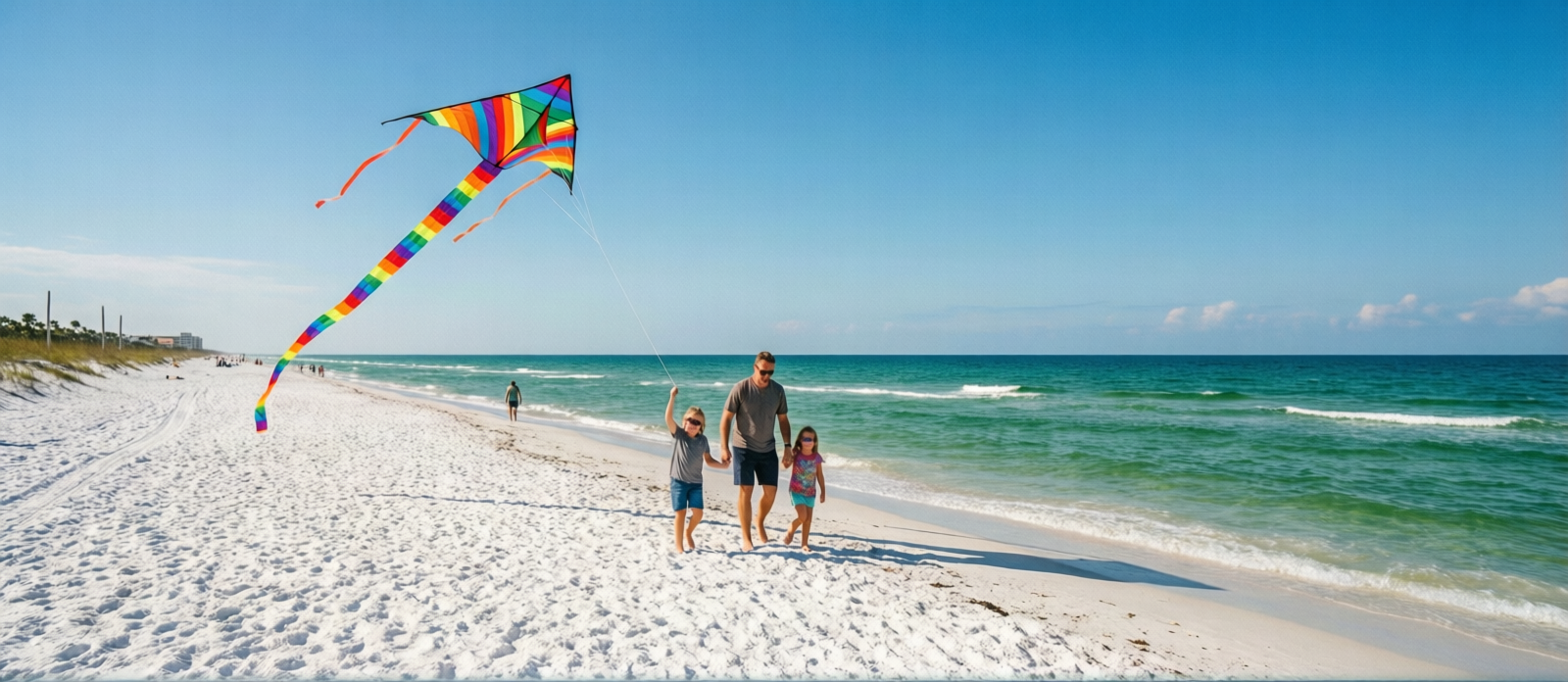 Family flying colorful kites on a wide nearly empty white sand beach in Destin Florida on a sunny November day