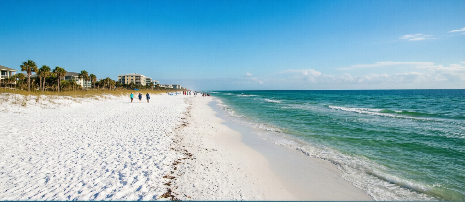 Wide empty white sand beach in Destin Florida in November with only a handful of visitors under a bright blue sky