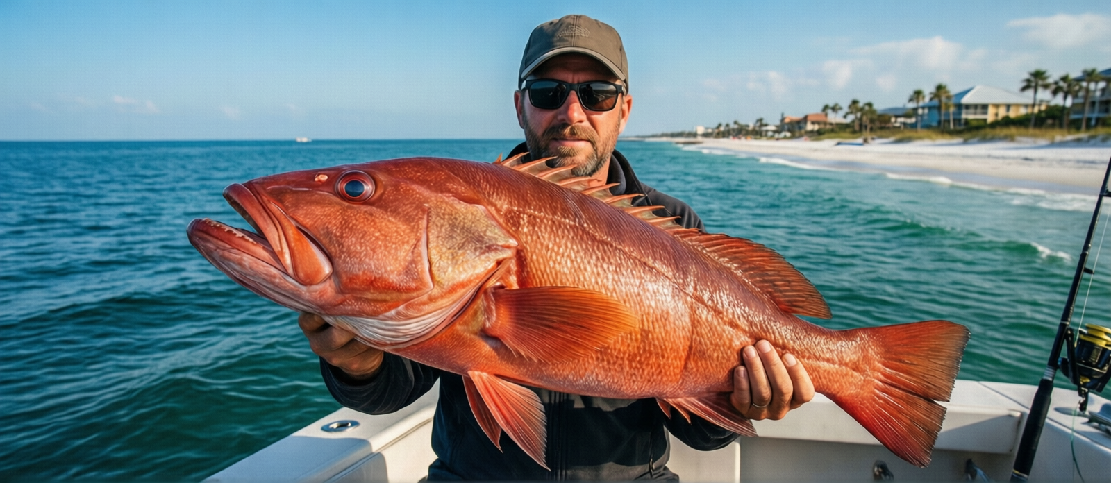 Angler holding a large red grouper aboard a fishing charter out of Destin Harbor on a calm fall morning with blue Gulf water