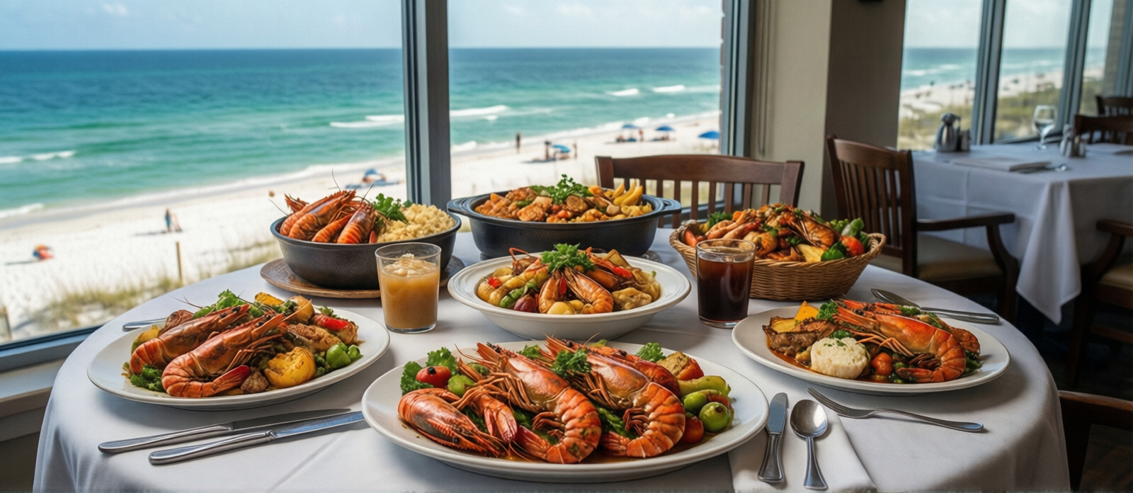Thanksgiving meal spread on a table at a waterfront Destin restaurant with Gulf views, seafood dishes alongside traditional holiday fare