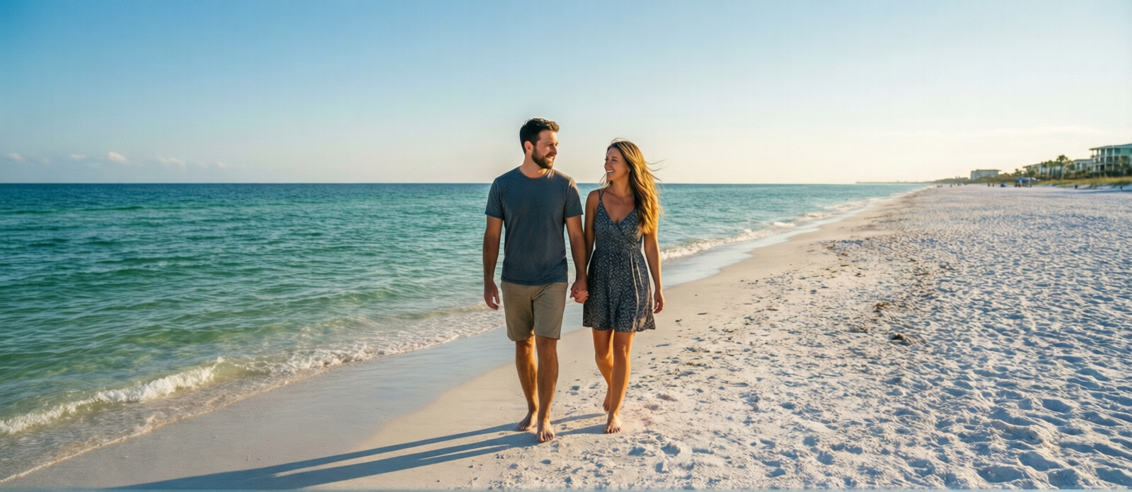 Couple walking barefoot along a nearly empty Destin beach on a warm sunny November afternoon with calm turquoise Gulf water