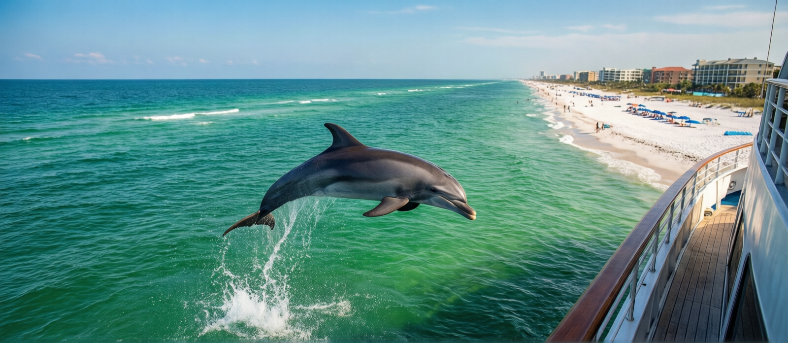 Bottlenose dolphins leaping near a cruise boat on the emerald-green Gulf of Mexico near Destin Florida on a clear October morning