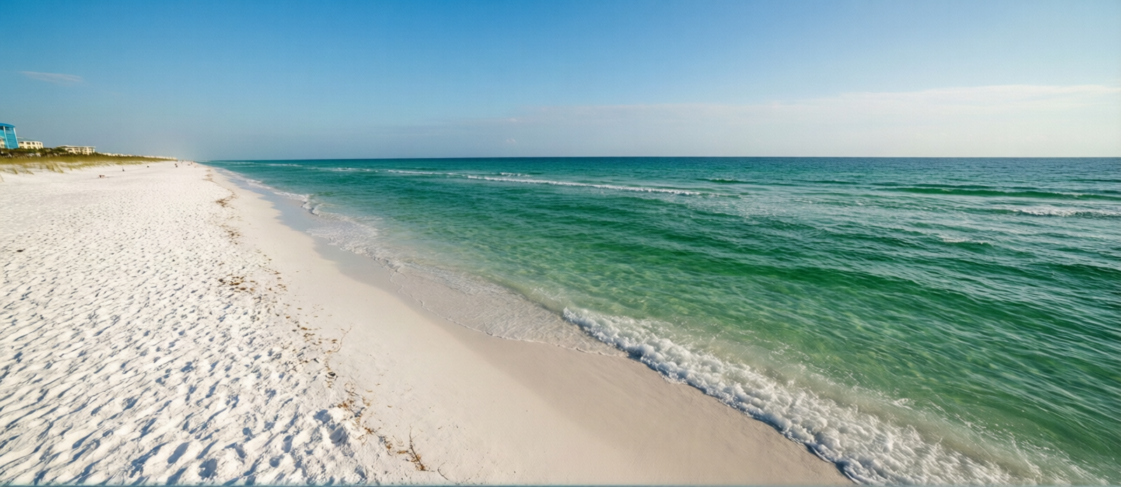 Nearly empty white sand beach in Destin Florida on a beautiful October morning with clear emerald-green Gulf water and calm gentle waves