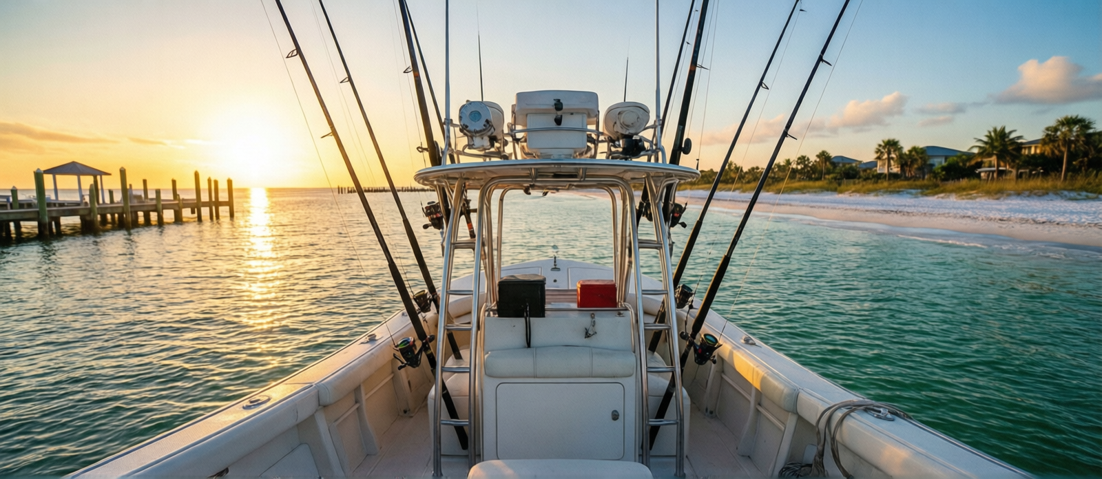 Charter fishing boat heading out of Destin Harbor at sunrise during October Fishing Rodeo with rods rigged and golden morning light on the calm water