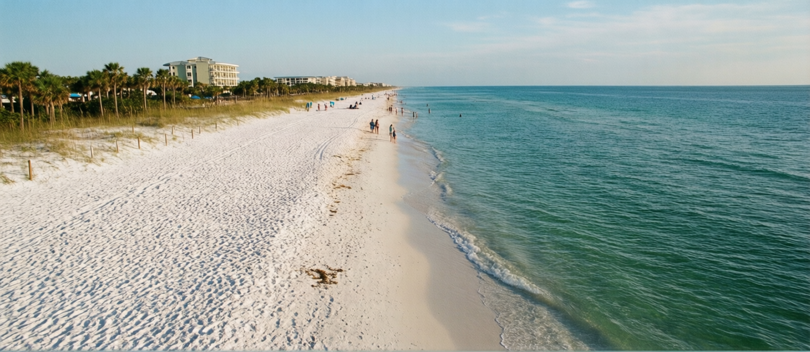 Wide uncrowded white sand beach at Miramar Beach Florida in October afternoon with calm Gulf water and only a handful of visitors widely spaced
