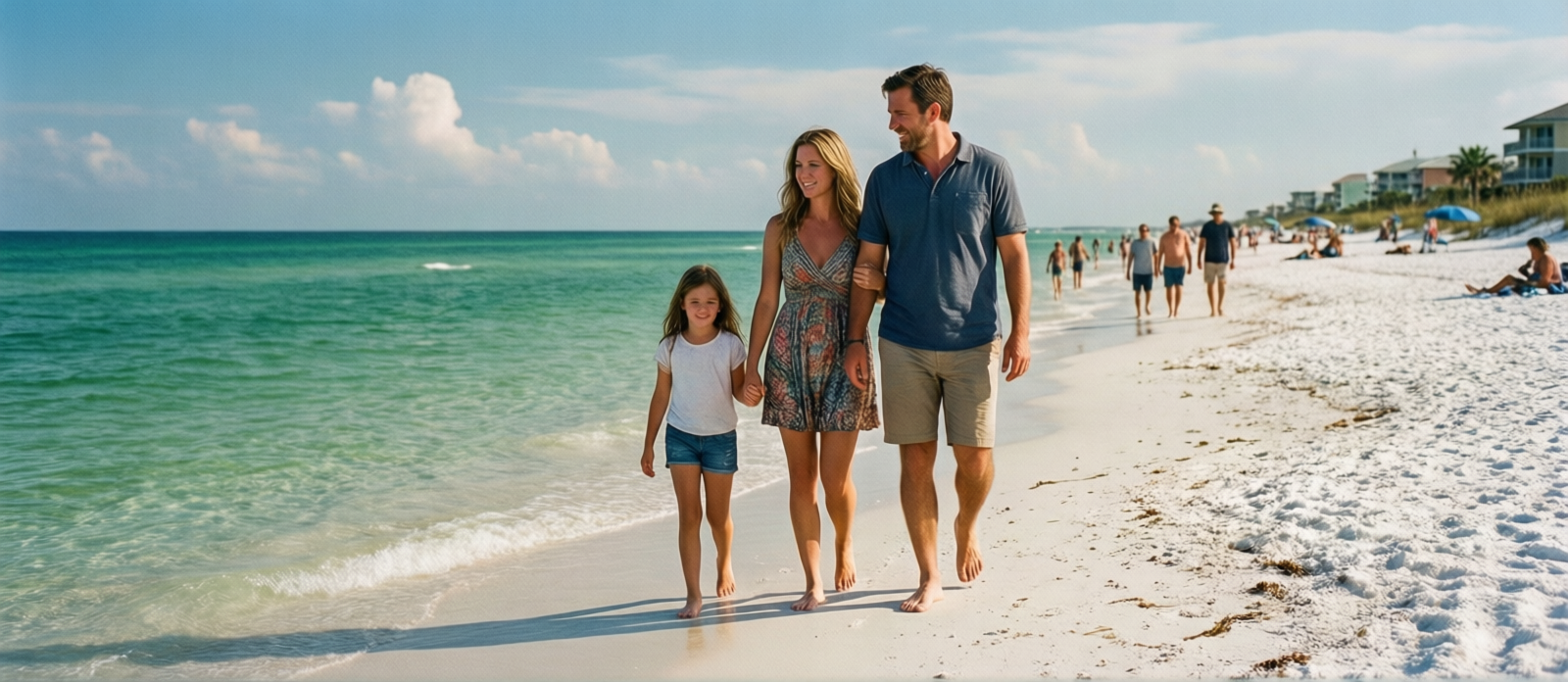 Family walking barefoot on Destin Florida beach on a warm sunny October morning with calm emerald-green water and almost no crowds